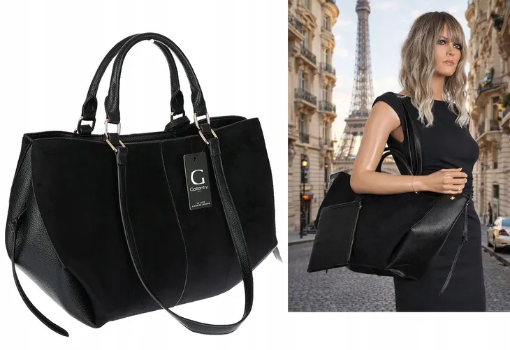 Torebka damska shopper duża zamszowa na ramię elegancka torba R967 Czarna