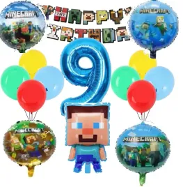 balony-urodzinowe-dekoracja-na-9-urodziny-motyw-minecraft-15-elementow