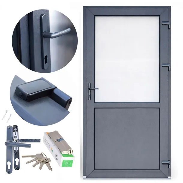 Drzwi Sklepowe PCV Plastikowe Szyba/Panel Od Ręki Antracyt 100 x 210 Prawe