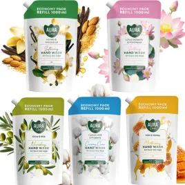 aura-care-mydlo-do-rak-uzupelniajace-mix-zapachow-zestaw-zapas-5x1000-ml