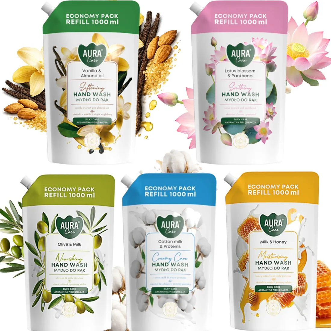 aura-care-mydlo-do-rak-uzupelniajace-mix-zapachow-zestaw-zapas-5x1000-ml