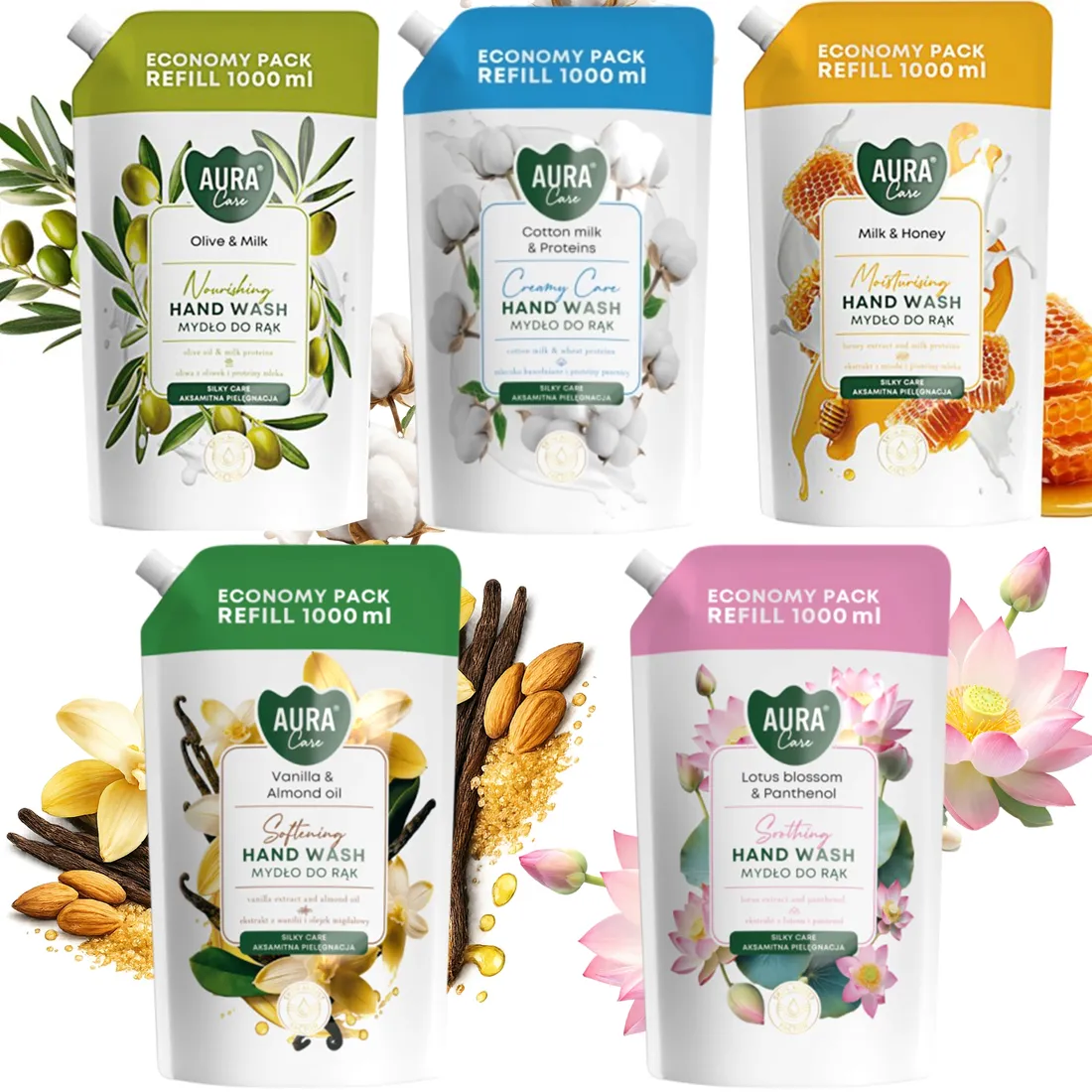 aura-care-mydlo-do-rak-uzupelniajace-mix-zapachow-zestaw-zapas-5x1000-ml