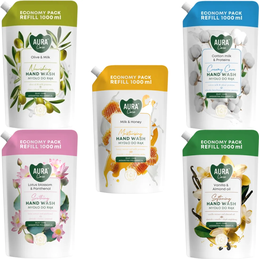 aura-care-mydlo-do-rak-uzupelniajace-mix-zapachow-zestaw-zapas-5x1000-ml-stan-nowy