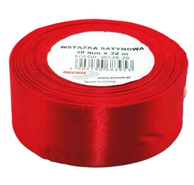 WSTĄŻKA SATYNOWA OZDOBNA 38MM 32M CZERWONA BREWIS