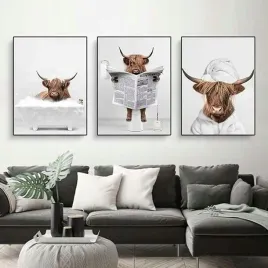 obraz-plakat-na-sciane-na-plotnie-bez-ramy-3x-60x90cm-motyw-byk-w-lazience
