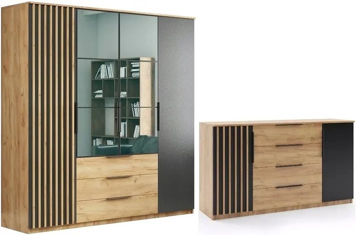 Szafa SORENTO 200cm lustro + Komoda SORENTO 160cm Dąb Craft Złoty / Czarny