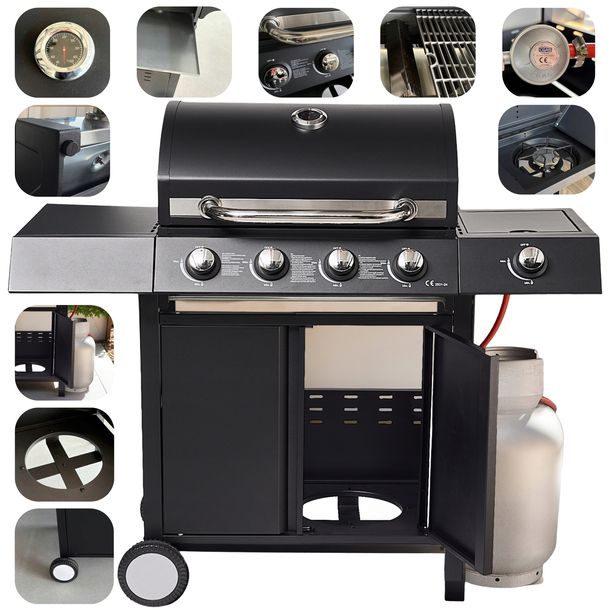 Grill Gazowy Ogrodowy Palniki 4+1 Żeliwny Ruszt 11,7 kW Stal Iskrownik