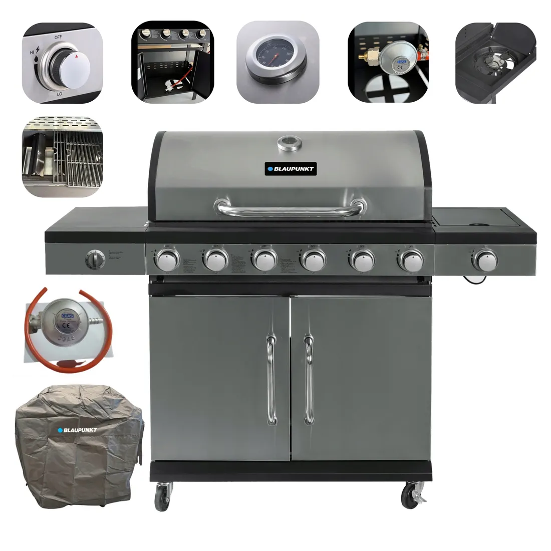 grill-gazowy-6-1-palnikow-zeliwny-ruszt-165-kw-pokrowiec-blaupunkt-gg601-stan-nowy