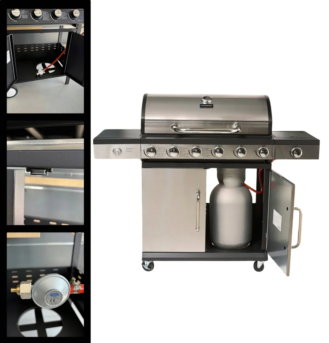 grill-gazowy-6-1-palnikow-zeliwny-ruszt-165-kw-pokrowiec-blaupunkt-gg601-stan-nowy