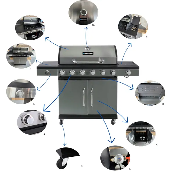 grill-gazowy-6-1-palnikow-zeliwny-ruszt-165-kw-pokrowiec-blaupunkt-gg601-cechy-dodatkowe-kolka-miejsce-na-butle-nienagrzewajacy-sie-uchwyt-nieprzywierajaca-powloka-palnik-boczny-do-gotowania-pokrywa-polka-regulacja-temperatury-szafka-termometr