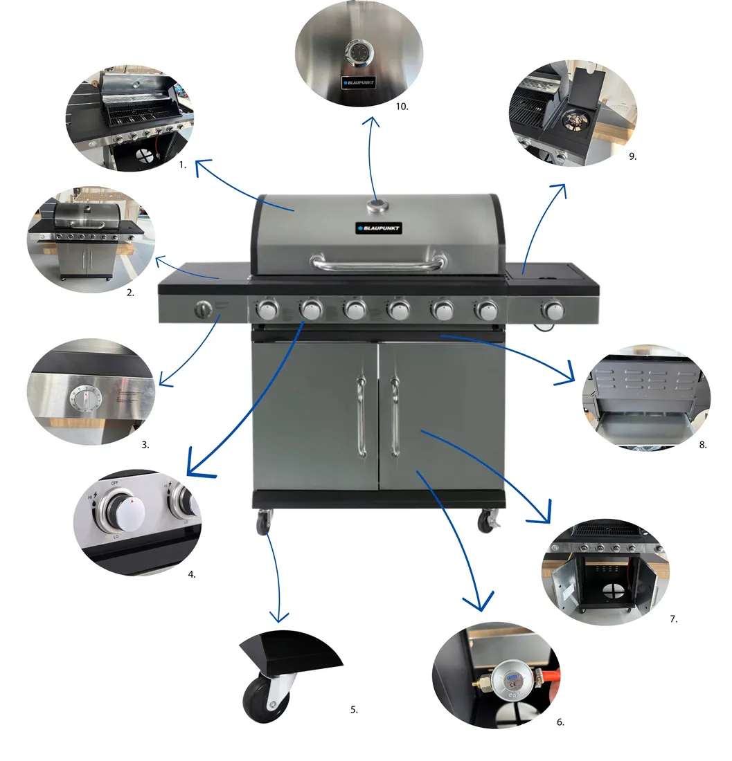 grill-gazowy-6-1-palnikow-zeliwny-ruszt-165-kw-pokrowiec-blaupunkt-gg601-stan-nowy