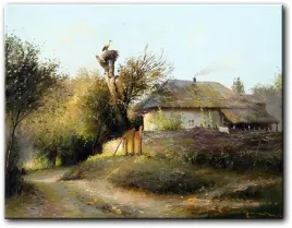 yefim-volkov-wiejska-chata-z-bocianami-100x77-cm