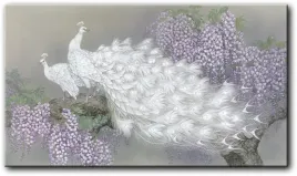 obraz-dwa-biale-pawie-wsrod-kwiatow-wisterii-145x75-cm