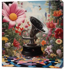 obraz-90x100cm-gramofon-w-kwiatach