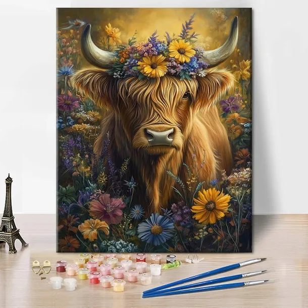 ZESTAW DO MALOWANIA PO NUMERACH BEZ RAMY KROWA NA ŁĄCE KWIATOWEJ 40X50 CM