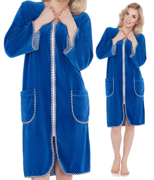 Elegancki SZLAFROK welurowy z lamówką damski 3/4 rękawem