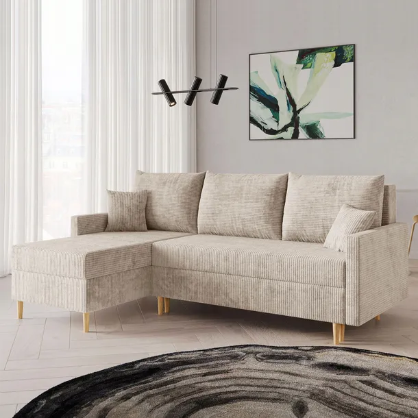 Narożnik sztruksowy z poduszkami na nóżkach AMERO L kremowy sprężyny sofa