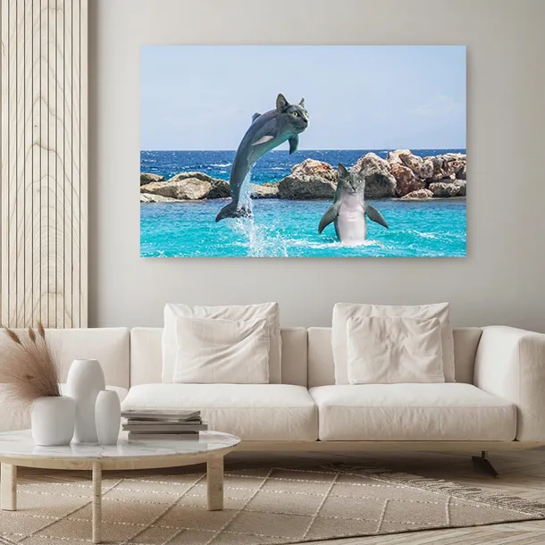 obraz-plotno-canvas-koty-delfiny-woda-morze-120x80-stan-nowy