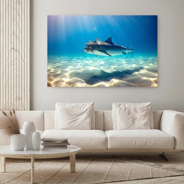 obraz-plotno-canvas-rekin-kot-morze-ocean-120x80-stan-nowy