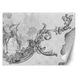 fototapeta-dzikie-ptaki-i-liscie-na-orientalnym-fresku-czarno-bialy-450x315