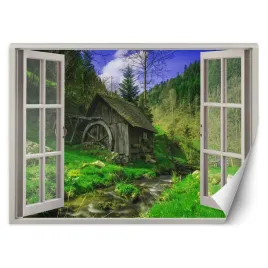 fototapeta-okno-widok-na-chatke-gory-las-280x200
