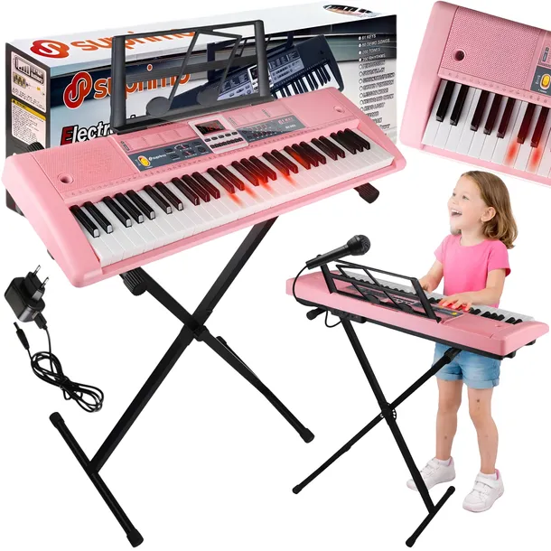 KEYBOARD ORGANY KLAWISZE PIANINO RÓŻOWE DLA DZIECI STATYW MIKROFON ZESTAW