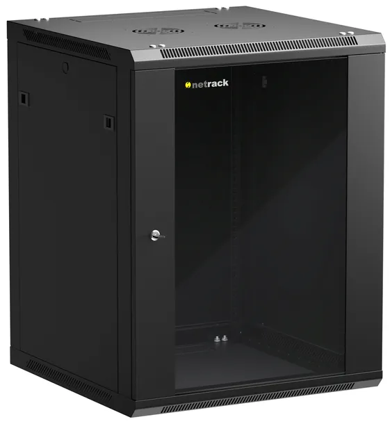 Szafa wisząca RACK 19” 15U, 600mm, Netrack F-Line, czarna, drzwi szklane,