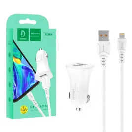 ladowarka-samochodowa-3a-kabel-iphone-biala-denmen-3100ma-dual-fast-char