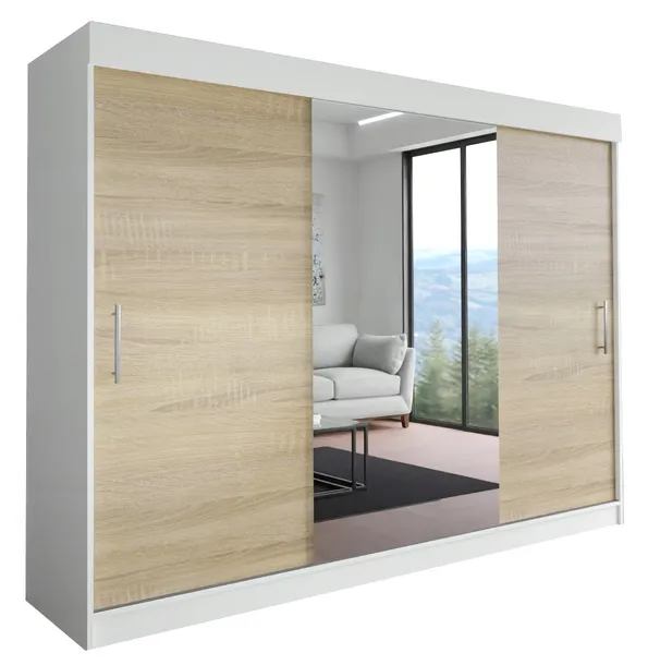 SZAFA MILAN - 3D 150 CM - BIAŁA + SONOMA (1x lustro) - garderoba z uchwytem
