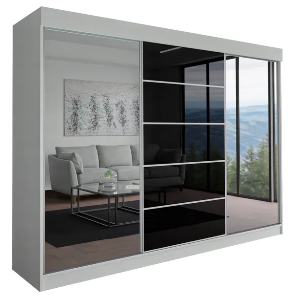 SZAFA MILAN - 3D 200 CM - BIAŁA ( 1x LACOBEL CZARNY ) - garderoba z lustrem