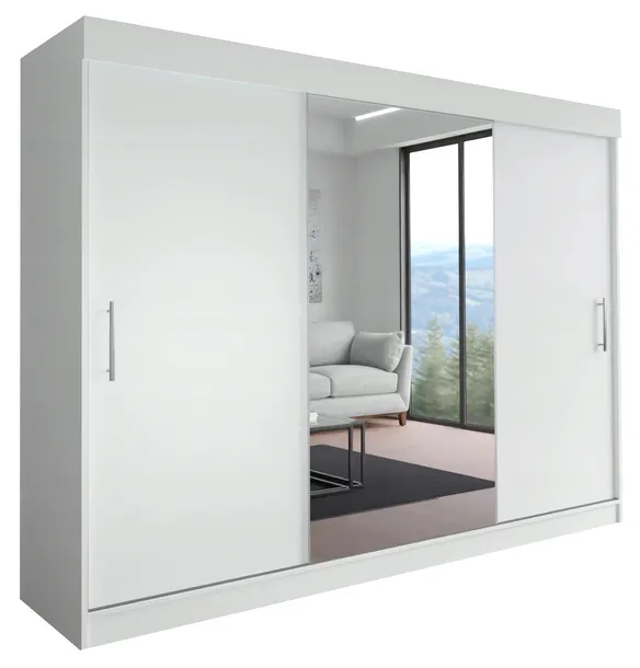 SZAFA MILAN - 3D 250 CM - BIAŁA (1x lustro) - garderoba z uchwytem