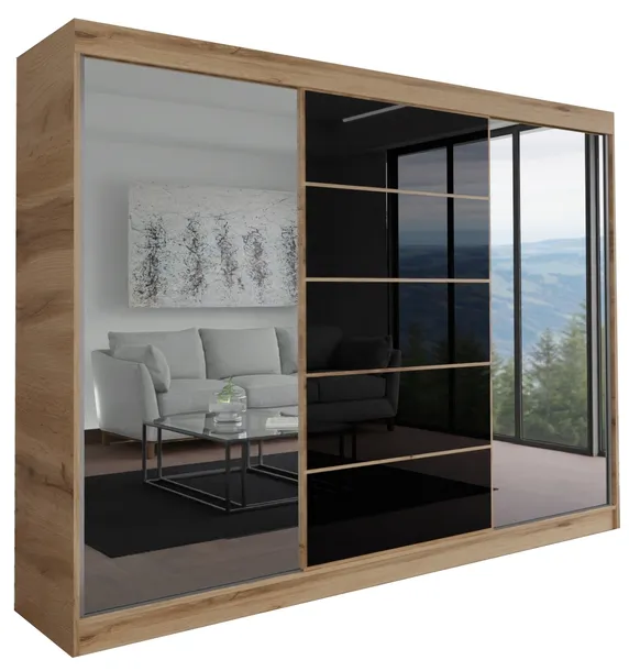 SZAFA MILAN - 3D 150 CM - dąb wotan ( 1x LACOBEL CZARNY ) - szafa z lustrem