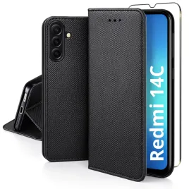 etui-z-klapka-magnet-do-xiaomi-redmi-14c-zamykane-futeral-czarne-szklo-9h
