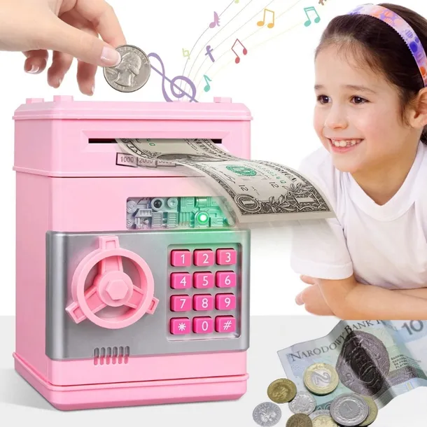 SEJF SKARBONKA BANKOMAT DLA DZIECI NA KOD PIN SZYFR MONETY BANKNOTY LED