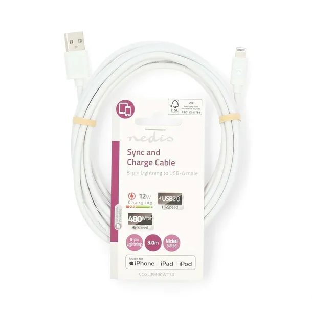 nedis-ccgl39300wt30-kabel-lightning-3-m-bialy