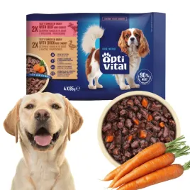 mokra-karma-dla-doroslych-psow-kaczka-wolowina-w-sosie-mix-optivital-4x85g