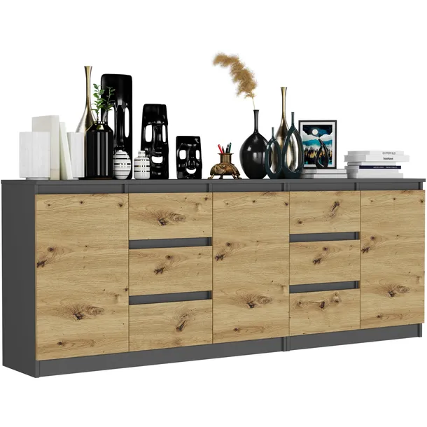 Komoda Nowoczesna 200 cm Duża 6 Szuflad 3 Antracyt Dąb Artisan Zestaw