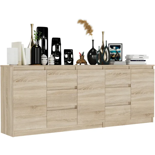 Komoda 200 cm 6 Szuflad 3 Drzwi Dąb Sonoma Zestaw Nowoczesna