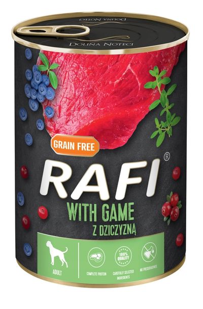RAFI MOKRA KARMA DLA PSA Z DZICZYZNĄ PUSZKA 800G DOLINA NOTECI