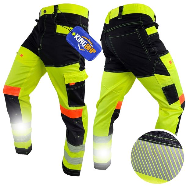 MOCNE Spodnie do pasa robocze ochronne WZMACNIANE HI-VIS bawełna ODBLASKI
