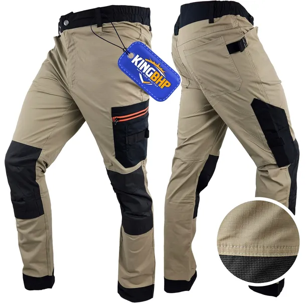 MOCNE Spodnie do pasa robocze ochronne WZMACNIANE RIP-STOP STRETCH KHAKI