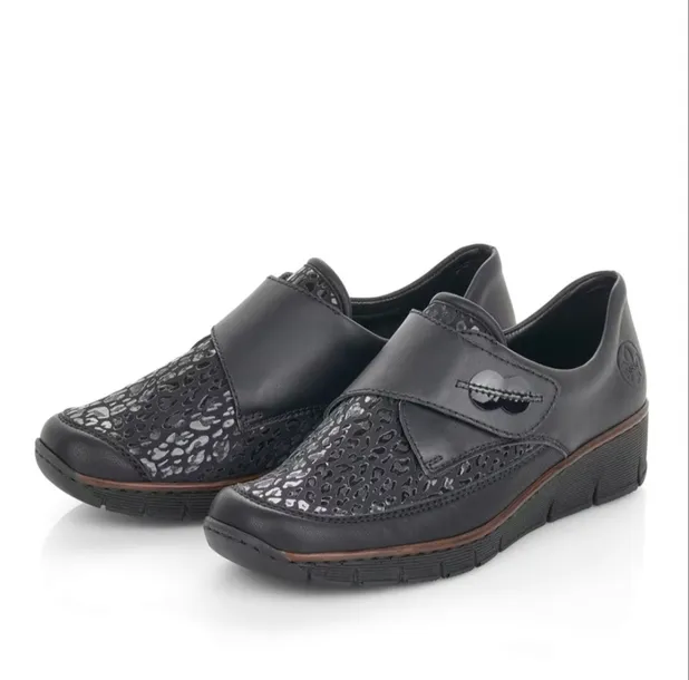 RIEKER buty, półbuty damskie skórzane czarne 537C0