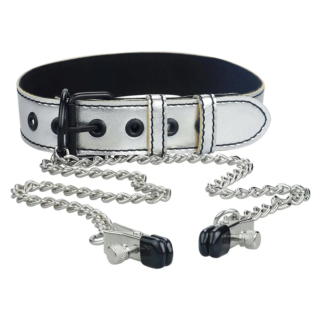 metallic-silver-collar-with-nipple-clamp