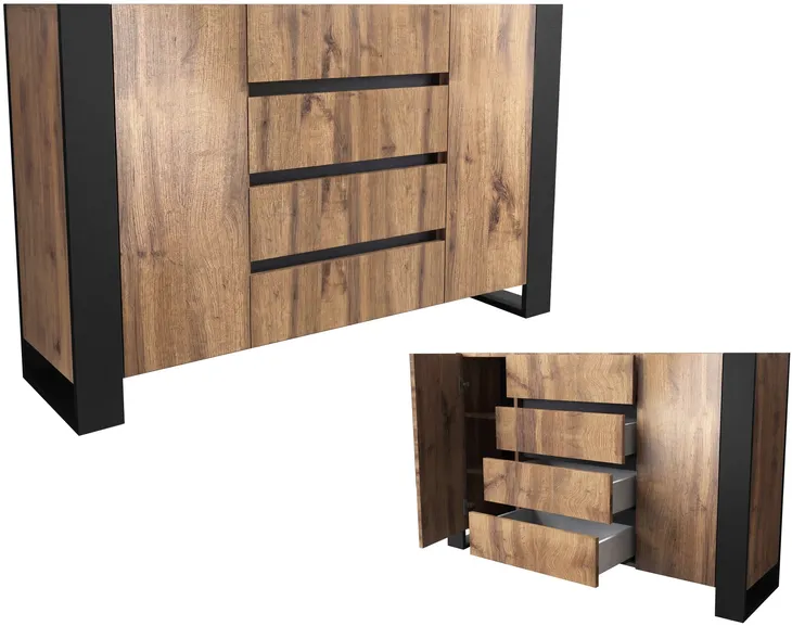 Komoda loft 140 loftowa 140cm dąb wotan z szufladami cichy domyk dociąg