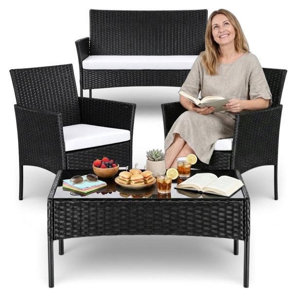 MEBLE OGRODOWE ZESTAW SOFA STOLIK FOTELE RATTANOWE KOMPLET MEBLI NA 5 OSÓB