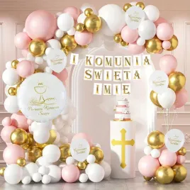 balony-pierwsza-komunia-swieta-rozowe-biale-zlote-girlanda-balonowa-baner