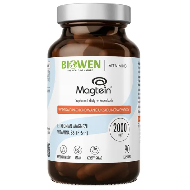 Biowen Magtein Treonian Magnezu z Witaminą B6 Układ Nerwowy Mięśnie 90 Kaps