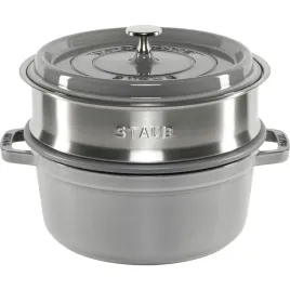 staub-la-cocotte-24cm-rund-mit-dampfeinsatz-graphitgrau