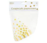 czapeczki-papierowe-zlote-groszki-biale-6-sztuk