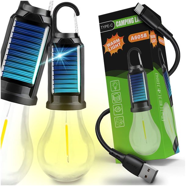 ŻARÓWKA KEMPINGOWA LAMPA TURYSTYCZNA SOLARNA USBC BIWAK UCHWYT AKUMULATOR